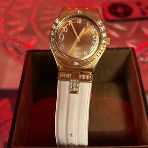 SWATCH WATCH White RUBBER band GOLD face